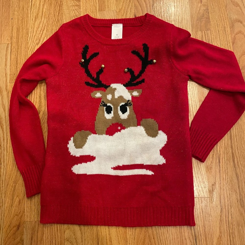 Women’s Red Reindeer Jingle Bells Metallic Shimmer Christmas Sweater Size Sm 4-6
